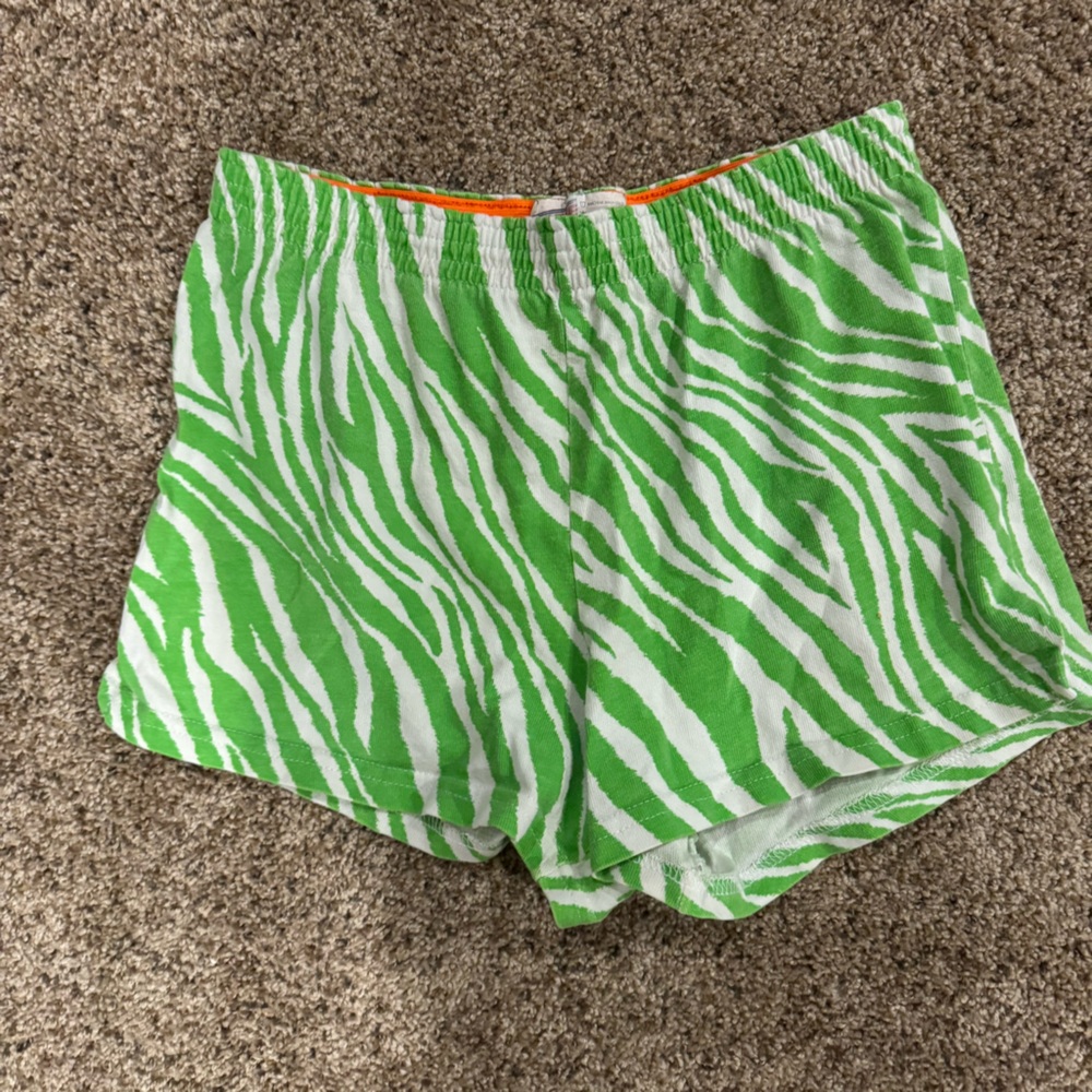Vintage Soffe Zebra Print Cheer Shorts Neon Green White Orange Trim S
